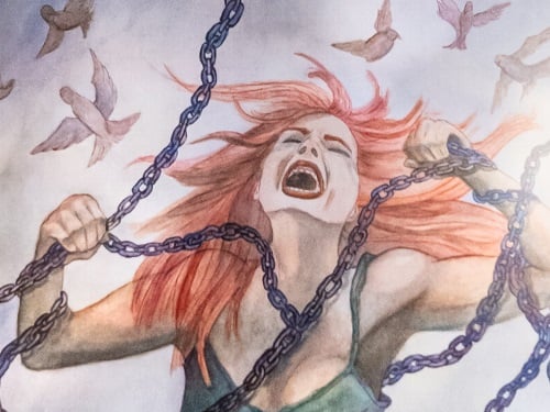 A drawing of a woman with red hair fighting pain as represented by chains.