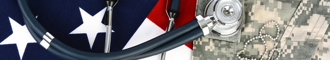 Collage image of flat, stethoscope, fatigues, dog tags