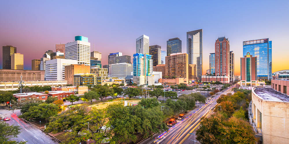 Photo of Houston, TX, city at dusk