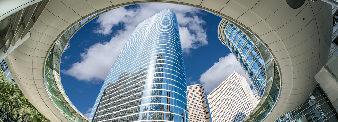 View from under the skybridge at the Chevron complex in downtown Houston