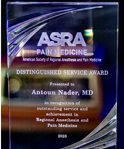 Crystal plaque/award engraved for the Distinguished Service Award winner, Antoun Nader, MD, 2026
