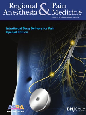 Cover of September 2026 edition on intrathecal drug delivery showing nerves, a device, and an abdomen on a dark blue backtround