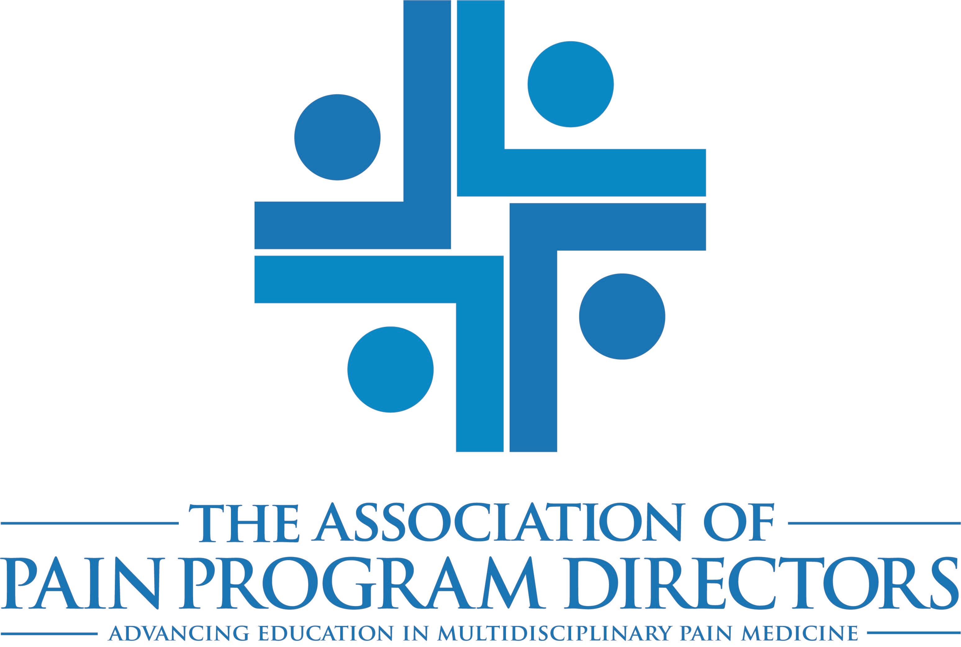 Blue logo for the Association of Pain Program Directors, Advancing Education in Multidisciplinary Pain Medicine
