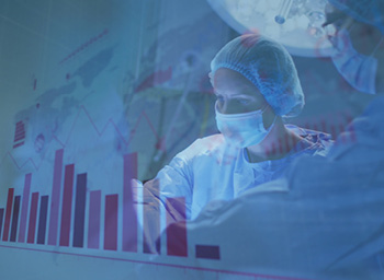 Doctor in the surgical suite with an overlay of a bar chart indicating data and precision