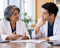 Older female physician mentors a younger male physician as they sit at a table discussing documents in a clinical office setting.