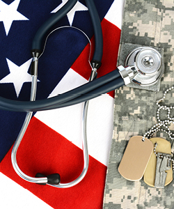 military image 250 American flag, stethoscope, dog tags, and camo collage