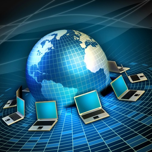 Illustration of a globe surrounded by computers, representing the concept of a network