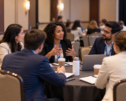 Professionals speaking around a table at a professional meeting.