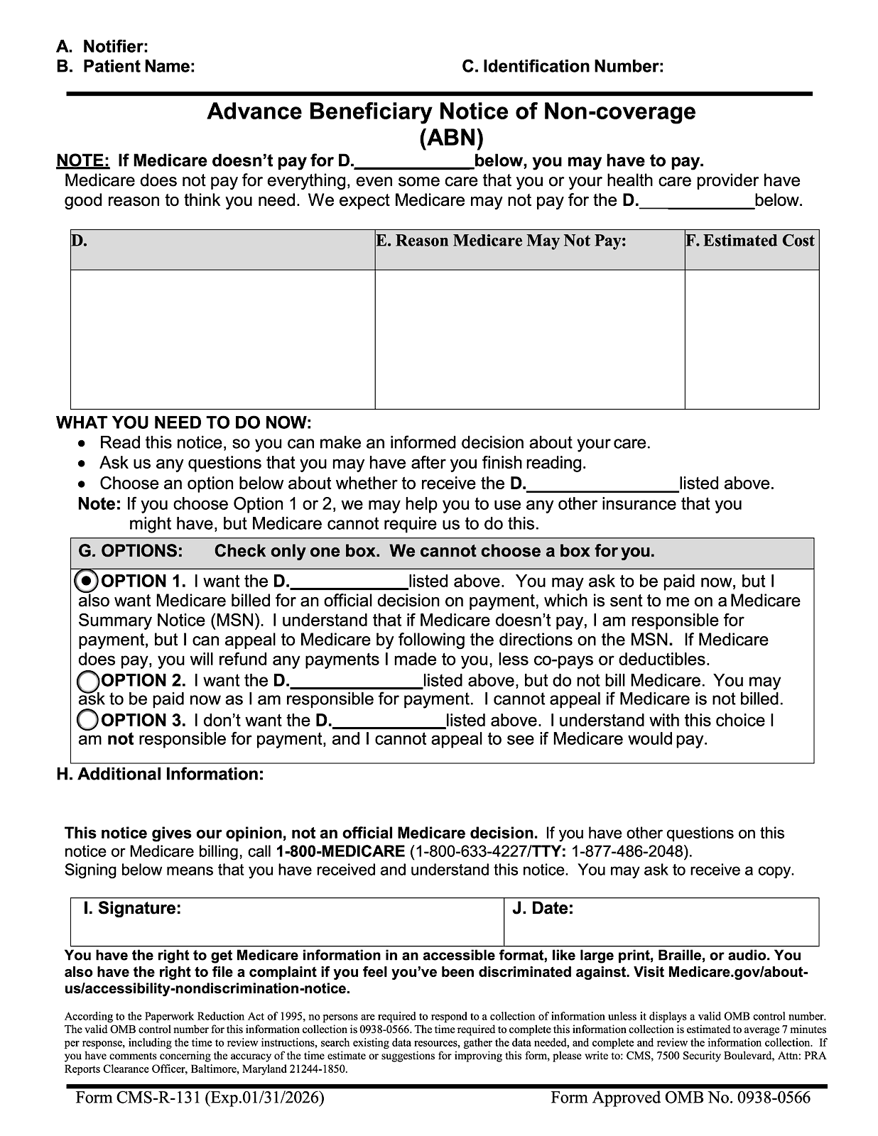 Advance Beneficiary Notice of Non-Coverage Form